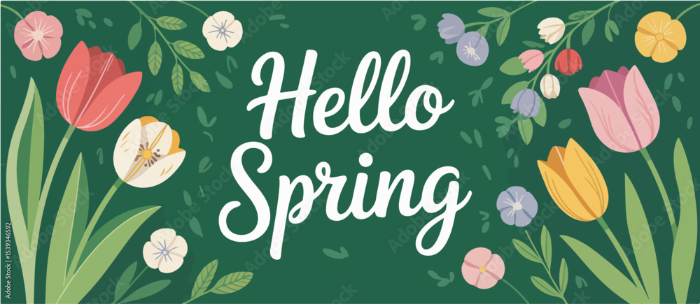 Fototapeta premium Hello spring text surrounded by tulips and small flowers on a dark green background illustration