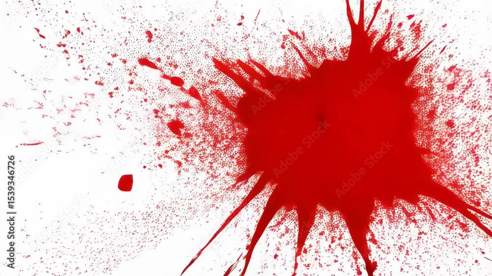 Crimson splash on white background creating a splatter effect with radial streaks and drops, resembling a fluid explosion on a flat surface.