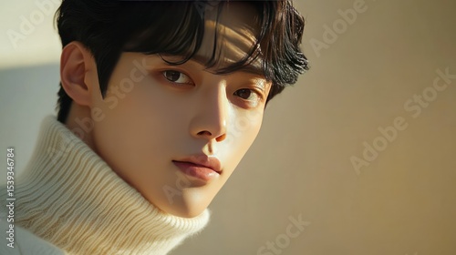 Close-up portrait of a young man with dark hair and serious expression wea a cozy cream turtleneck sweater against a neutral background