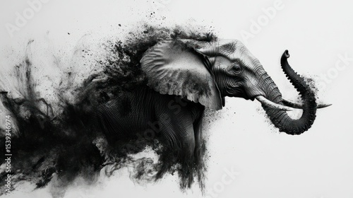 Black and White Digital Painting of an Elephant with Watercolor Effects Showing Detailed Texture and Expression in a Dynamic Artistic Style