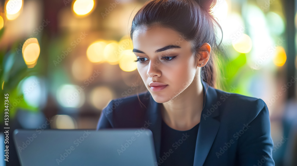 Obraz premium A focused businesswoman works on her laptop in a modern cafe, embodying professionalism and dedication in a bustling environment.