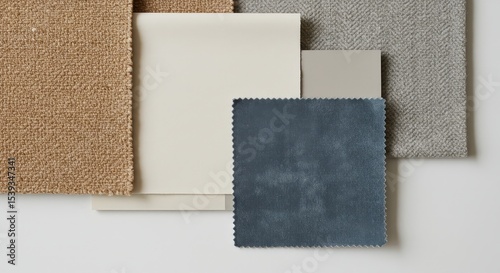 Assorted fabric and color swatches arranged on a white background flatlay