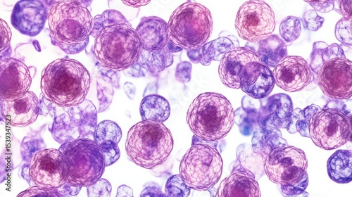 Microscopic view of blood cells showing a diverse mixture of red blood cells and white blood cells in a detailed colorful illustration