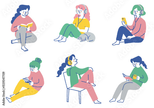 Set of women enjoying alone time_Color