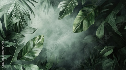 Lush tropical jungle with dense green foliage large leaves over misty background creating a vibrant natural jungle scene ideal for nature travel and exotic environment themes