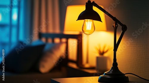 Warm Ambient Bedroom Lighting with Classic Desk Lamp, Cozy Nighttime Bedroom Setting, Soft Illumination for Rest and Relaxation, Modern Home Interior Decor photo