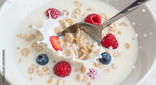A Bowl of Delight: A spoon gracefully scoops up cereal, fresh berries and milk within a bowl creating a splash, capturing the essence of a fresh and wholesome breakfast experience.