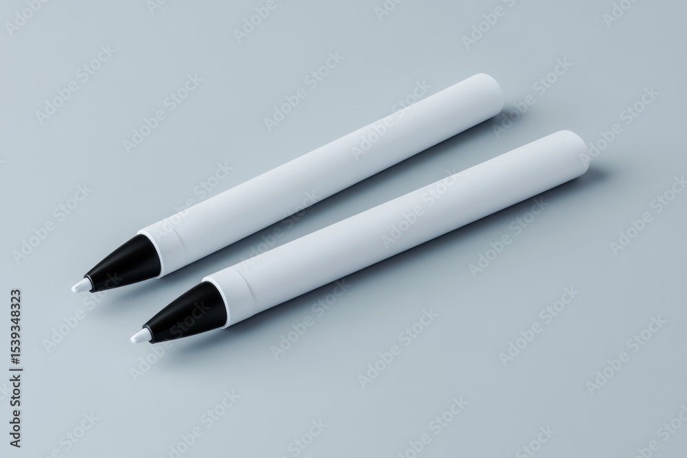 Two white pens with black tips on a light grey background, angled Two white pens with black tips on a light grey background, angled