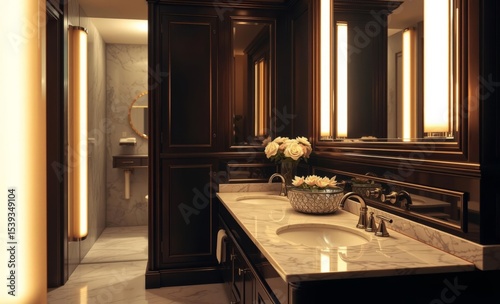 A sanctuary of elegance where a dark wood vanity adorned with a pristine white granite countertop and gleaming crystal glass sinks reflected the soft glow of a large rectangular mirror The space was b