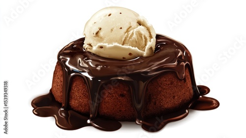 Delicious chocolate lava cake with warm molten center topped with a scoop of creamy vanilla ice cream drizzled with rich chocolate sauce on white background