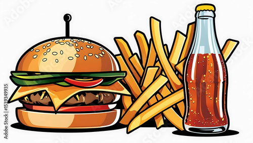 Cheeseburger with a glass of beer, a classic fast food meal illustration