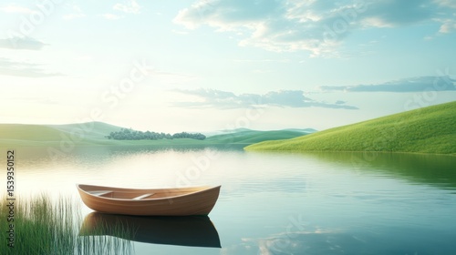 Tranquil Lake Scene with Small Wooden Boat Calm Waters Green Hills Soft Clouds Natural Landscape Scenic Outdoors photo