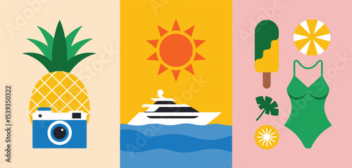 Colorful summer themed images showcasing pineapple camera yacht sun and beach vacation essentials in flat style