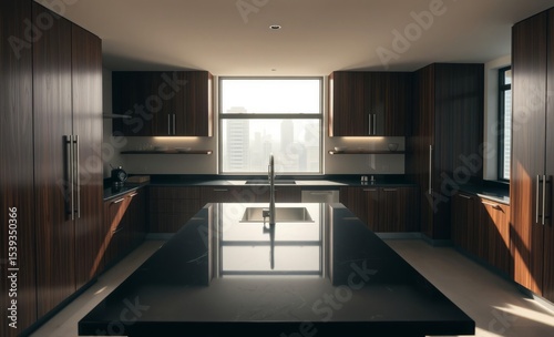 A modern kitchen bathed in natural light features sleek dark wooden cabinets that contrast with a luxurious black granite countertop and a large window framing the cityscape beyond The space is airy a