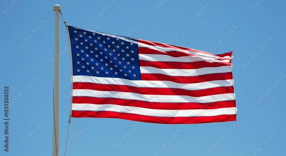 Fototapeta premium Waving American flag against a bright blue sky, emphasizing vibrant colors and dynamic motion.