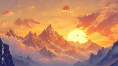 Stunning panoramic view of majestic mountain range at sunrise with vibrant orange and yellow sky, bright sun shining over rugged peaks, high altitude landscape