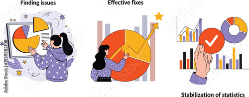 Illustration showing the stages of finding business issues, applying effective solutions, and stabilizing performance statistics through analytics.
