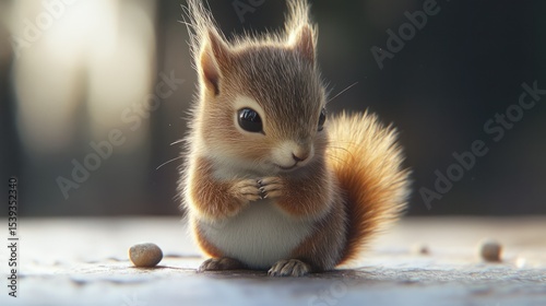 Adorable tiny squirrel sitting on surface with blurred background, looking curiously, furry tail raised, small paws in front, natural outdoor wildlife scene