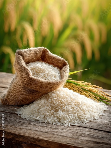 White Rice in a Burlap Sack in a Field