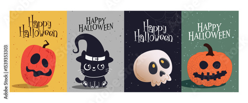 Halloween trick or treat greeting clipart poster set. Happy Halloween invitation card flyers clip art with pumpkin, cat and skull classic style elements in retro spooky background collection vector 