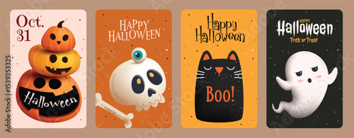 Halloween trick or treat clipart poster set. Happy Halloween greeting and invitation card flyer clip art with pumpkin, skull, cat and ghost character elements in classic retro background collection 