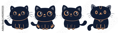 Halloween cats characters clipart set. Cute black cat animal drawing clip art with different pose for horror, spooky, scary and skittish Halloween character collection vector illustration.  
