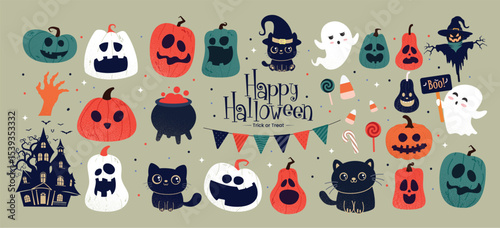 Halloween characters elements clipart set. Happy Halloween text with retro horror cute character clip art like pumpkins, ghost, cat, cauldron and Jack O faces collection in isolated background vector 