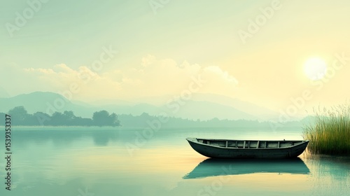Serene sunrise over calm lake with a lone wooden boat resting near the shoreline amid misty mountains and lush greenery creating a peaceful natural landscape scene
