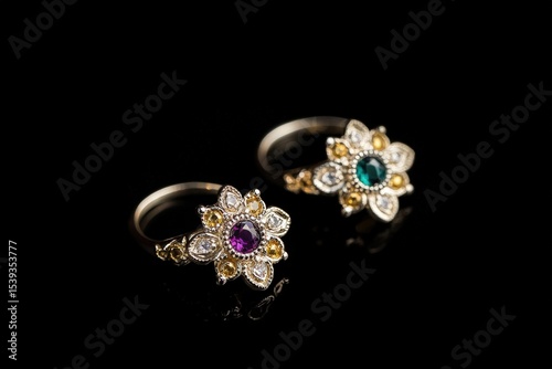 Traditional Indian bichiya silver toe rings with gemstone details against elegant black background displaying cultural bridal accessories and heritage. Traditional wedding jewelry and ethnic accessory photo