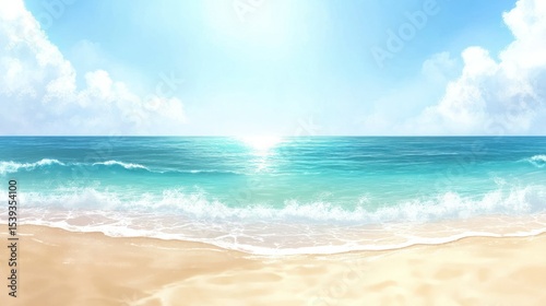Beautiful serene tropical beach with clear turquoise water gentle waves sandy shoreline bright sunny sky with fluffy clouds peaceful summer seaside landscape