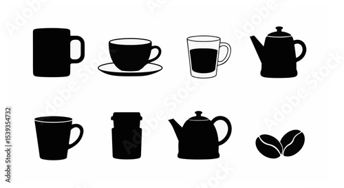 Coffee Drinkware Icons Set Mug Teapot Cup Espresso Beverage Graphic Design Elements