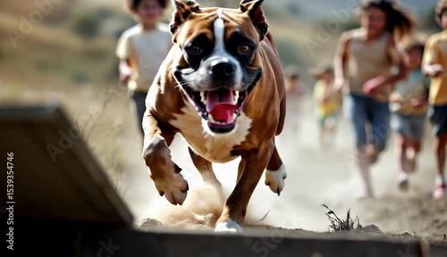 Joyful Boxer Dog Running with Children in a Sunny Field