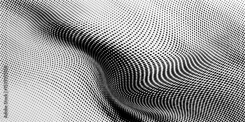 Flowing dots particles wave pattern 3D curve halftone black gradient curve shape isolated on white background. Vector in concept of technology, science, music, modern vector wave