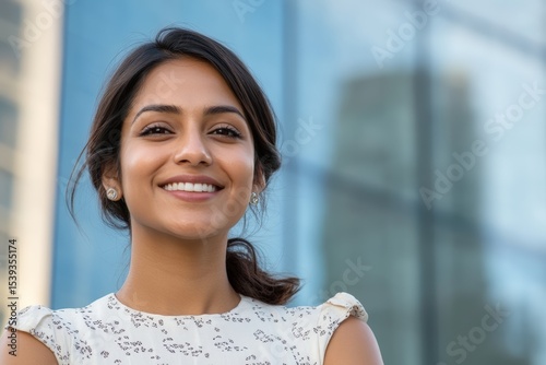 Indian professional woman smiling with confidence standing outside contemporary office building looking skyward with inspiration perfect for corporate leadership diversity and future growth