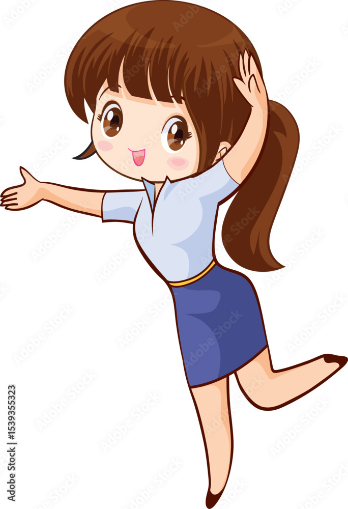 Joyful Welcome: A captivating cartoon illustration of a cheerful woman extending her arms in a warm greeting or invitation, radiating happiness and approachability. Joyful Welcome: A captivating cartoon illustration of a cheerful woman extending her arms in a warm greeting or invitation, radiating happiness and approachability.