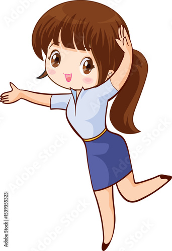 Joyful Welcome: A captivating cartoon illustration of a cheerful woman extending her arms in a warm greeting or invitation, radiating happiness and approachability.