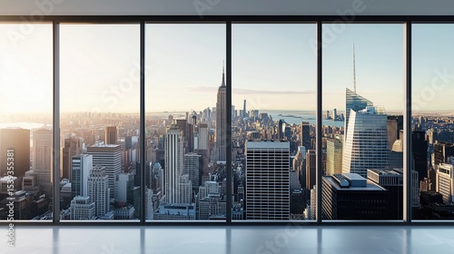 Bright white interior with large window view of high-rise city skyline. Perfect for real estate mockups, architecture designs, and lifestyle visuals