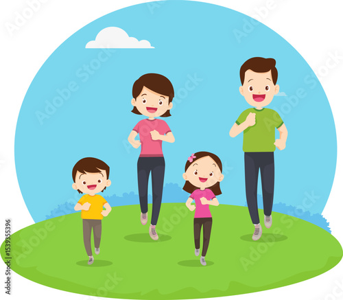 Family Running in the Park: A happy family enjoys a sunny day by running in the park, embracing a healthy and active lifestyle, surrounded by greenery and a clear sky.