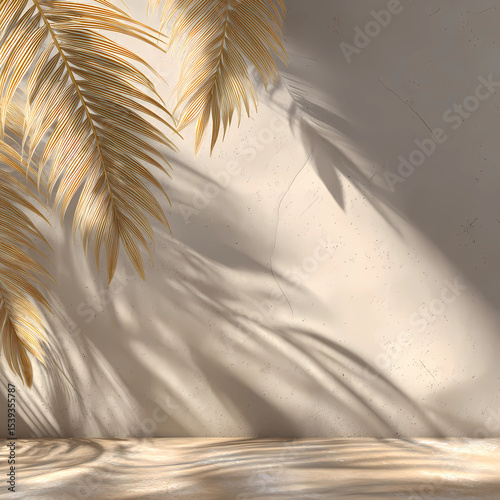 3D render of a beige wall with a golden palm leaf shadow on it, an abstract background for product presentation, a tropical summer scene.