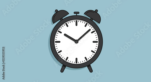 Black alarm clock ticking on blue background