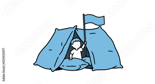 Boy camping in pillow fort with flag