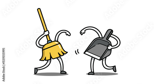 Broom and dustpan characters cleaning concept