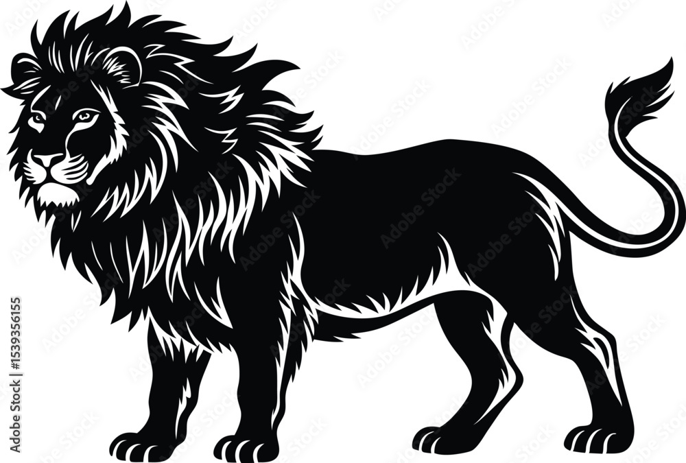 Obraz premium Walking Lion Vector Silhouette, Majestic Black Lion in Side Profile