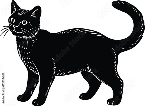 Vintage Black Cat Standing Illustration in Woodcut Style