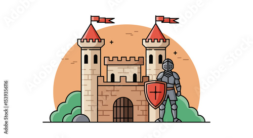 Castle with knight and shield stands guard