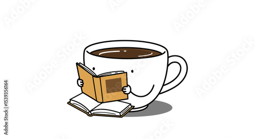 Coffee cup reading book cartoon concept