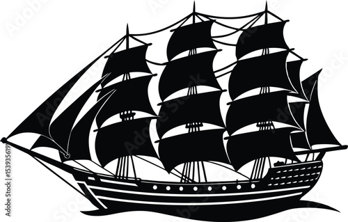 Vintage Sailing Ship Vector Silhouette with Full Sails