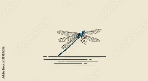 Dragonfly over water minimal line art