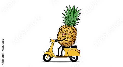 Funny pineapple character riding yellow scooter