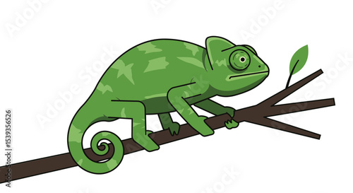 Green chameleon cartoon on tree branch wildlife